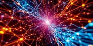 Abstract data patterns flowing into a central processing unit.