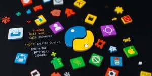 Python code snippets and diverse project icons.