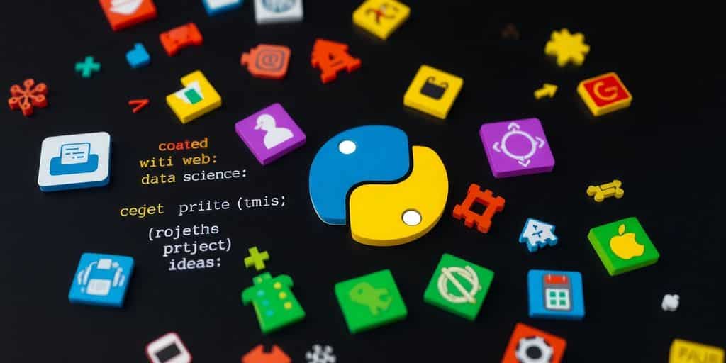 Python code snippets and diverse project icons.